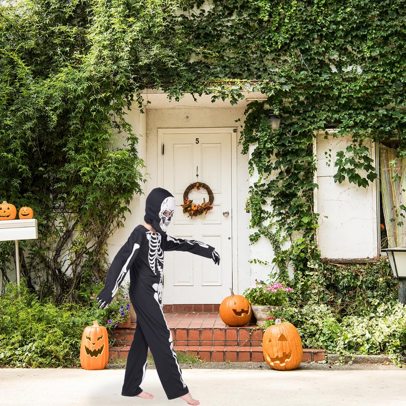 Leadtex Kids GID Skeleton Halloween Costume, All in One Skeleton Printed Jumpsuit with Hood and Glovesï¼ˆ7-9years - Image 5